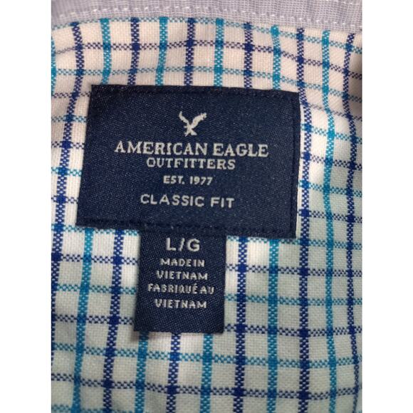 American Eagle Shirt Mens Large Blue‎ White Plaid Button Down Classic Fit Cotton - Picture 6 of 8